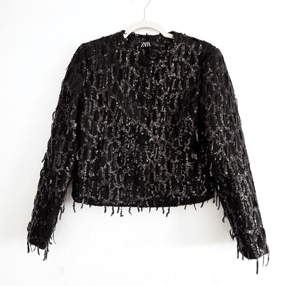 Zara Black Button Up Sequin Fringe Jacket Size Medium - Picture 2 of 8
